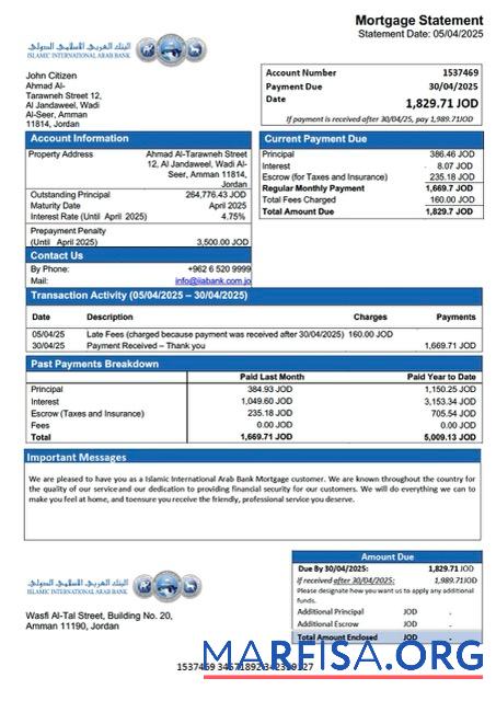 Downloadable Jordan Islamic International Arab Bank mortgage statement Word and PDF template